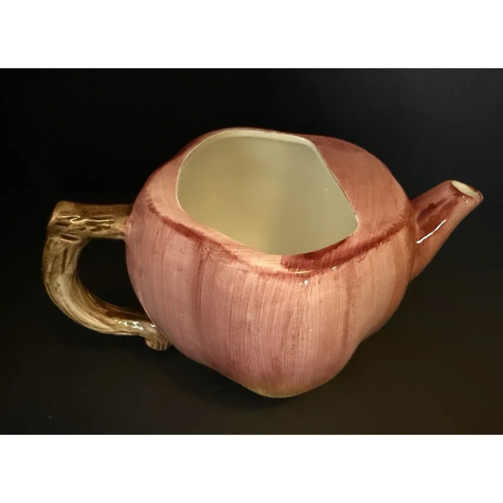 Vtg Enesco Ceramic Apple Teapot Pink Hand Painted Figural Fruit Lid Cottagecore